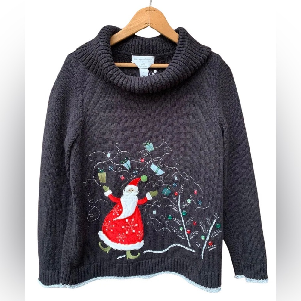 Vintage Ugly Christmas Sweater Santa Claus tacky turtleneck pullover embroidered